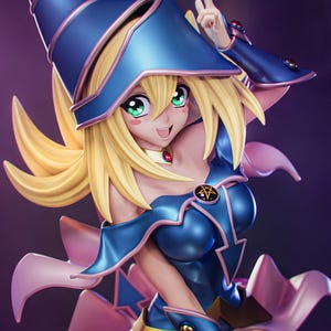May include: A collectible anime-style figurine of a character with long blonde hair and green eyes, wearing a blue pointed hat, a blue bodice with a black pentagram emblem, blue arm guards with red accents, and a flowing pink skirt-like garment.