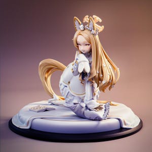 May include: A detailed figurine of a character with long blonde hair, fox-like ears, and a flowing tail. The figure is dressed in a white and gold outfit, kneeling on a white platform. A small book lies nearby. The overall aesthetic is fantasy-themed.