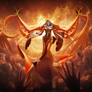 Peut inclure: Illustration numérique d'une femme en robe à capuche orange avec tissu fluide, des ailes et des ornements décoratifs. Le fond est un ciel dramatique avec des nuages et une lueur flamboyante. Des mains tendues vers le haut.