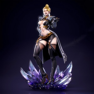 May include: A detailed figurine of a woman with blonde hair and a black and gold outfit, standing on a purple crystal base. The figure has a dynamic pose and is set against a dark background.