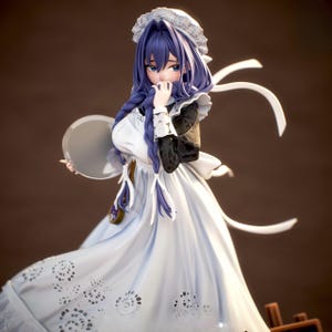 May include: Anime-style figurine of a maid with long purple hair, wearing a white and black dress with a frilly apron and a matching headpiece. She holds a silver tray and has a delicate, detailed design.