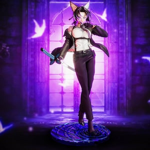 May include: A figurine of a character with purple hair, wearing a black jacket, white shirt, and dark pants. The character is holding a sword with a blue handle and is standing on a blue, swirling base. The background is a purple-lit room.