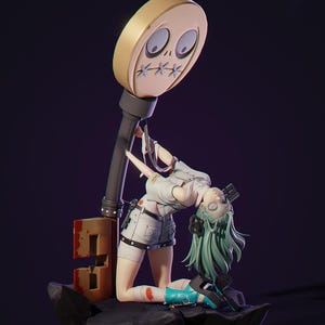 May include: A detailed figurine of a female character with teal hair, wearing a white top, denim shorts, and blue boots. She is kneeling, leaning backward, and holding onto a large, beige skull-shaped object. A number 9 is visible.