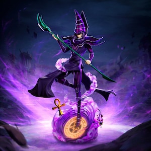 May include: A Dark Magician figurine in a purple robe and pointed hat, holding a green-tipped staff. The character stands on a circular base featuring a golden pentagram and an ankh symbol, surrounded by swirling purple magical energy effects.