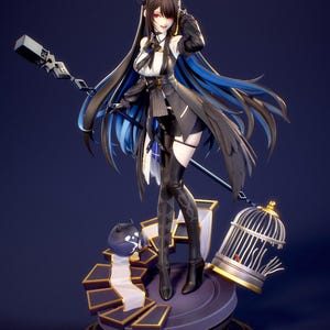 May include: A detailed figurine of a character with long black and blue hair, wearing a black and white outfit. The figure holds a staff and stands on a platform with a cage. The base is gold and purple.