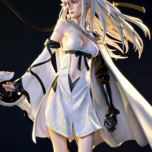 May include: A detailed figurine of a female character with long white hair and a white dress. The figure has a flower in her hair and is wearing a black arm guard and cape. The dress has a black bow and decorative patterns.