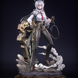 May include: A detailed anime-style figurine of a character with white hair, horns, and a tail, wearing a white button-down shirt, red tie, and black trousers. The character stands on a rocky base with white smoke effects and a large gold mechanical gear.