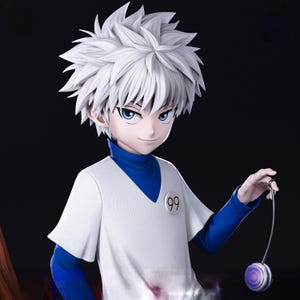 May include: A collectible anime figure of a character with spiky white hair and blue eyes, wearing a white short-sleeved shirt over a blue long-sleeved shirt. A circular badge with the number 99 is on the chest. The figure holds a purple yo-yo.
