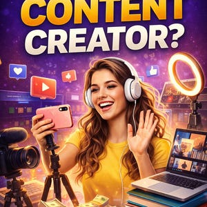 May include: A vibrant illustration promoting content creation. The image features a woman with headphones, holding a phone on a tripod, and waving. The text reads "HOW TO BECOME A CONTENT CREATOR?" with social media icons and stacks of money.