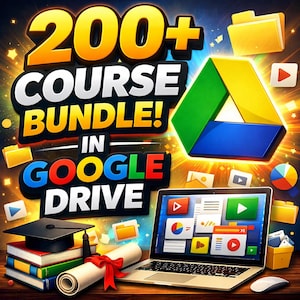 以下が含まれることがあります： Googleドライブで「200以上のコースバンドル！」を宣伝する鮮やかなグラフィック。教育アイコン、卒業キャップ、本、赤いリボンで結ばれた巻物を表示するラップトップが特徴です。Googleドライブのロゴとさまざまなデジタル要素も含まれています。