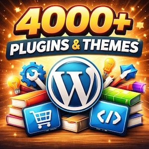 Può includere: Immagine con il testo "4000+ PLUGINS & THEMES" in oro e bianco. Il logo di WordPress è al centro, circondato da icone di ingranaggio, lampadina, carrello, codice e libri. Lo sfondo è dorato e scintillante.
