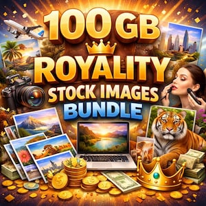 以下が含まれることがあります： 「100 GB Royalty Stock Images Bundle」というテキストが入ったプロモーション画像。ノートパソコン、カメラ、お金の束、金貨、王冠、トラや都市景観など、さまざまなストックフォトが写っています。