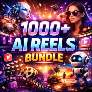 May include: A digital graphic advertising an AI Reels bundle. The image has a futuristic design with a woman in sunglasses, a robot, and the text "1000+ AI REELS BUNDLE". The background includes a film reel, a clapperboard, and a tropical beach scene.