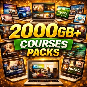 Op de afbeelding: Een promotieafbeelding met meerdere laptops en tablets die verschillende online cursussen weergeven. De centrale tekst is "2000GB+ COURSES PACKS" in goud en groen. Cursusonderwerpen zijn onder meer programmeren, zaken, gezondheid, fotografie en financiën.