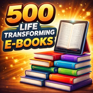 Könnte beinhalten: Werbebild für 500 lebensverändernde E-Books. Das Bild zeigt einen Stapel bunter Bücher, auf dem ein Tablet mit einem geöffneten Buch liegt. Der Text "500 Life Transforming E-Books" ist deutlich sichtbar.