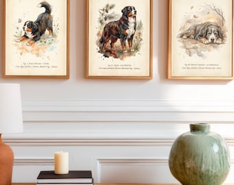 Bernese Mountain Dog Art Print Set | Vintage Watercolor Poster | Digital Download