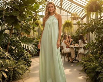 Linen Halter Midi Dress, Minimalist Sleeveless Summer Outfit for Women, Loose Linen Feel