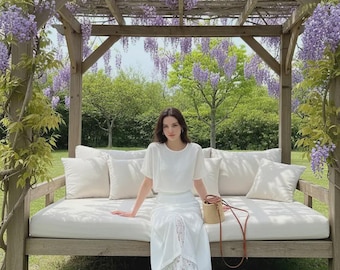 Gonna midi bianca ricamata in misto Tencel, a vita alta, a trapezio, con spacco in pizzo, elegante abito estivo formale
