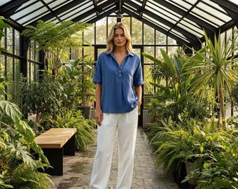 Summer Linen Feel Top, Women's Loose Collared Short Sleeve Shirt, Casual Button Down