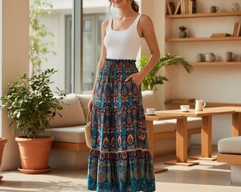 Paisley Print Maxi Skirt, Tiered Bohemian Elastic Waist, Summer Festival Hippie, Soft Rayon Feel
