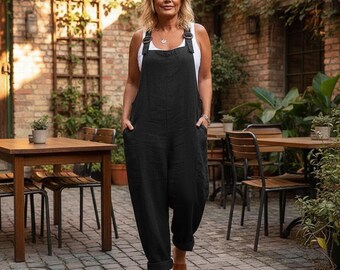 Linen Jumpsuit Women, Casual Summer Romper, Loose Fit Dungarees with Pockets, Boho Playsuit, Linen Feel Outfit
