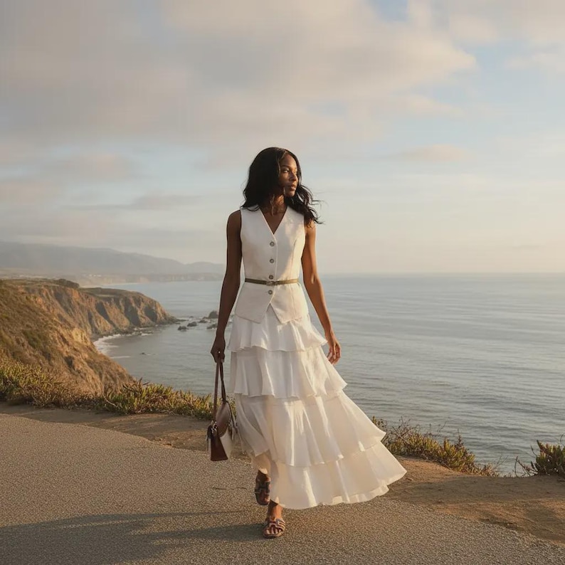 Model gracefully walks a scenic coastal path at sunset, wearing the flowing Whisper White Sykas Tiered Tencel Maxi Skirt, showcasing its five ruffled tiers and crinkled fabric.