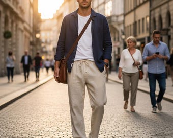 Linen Trousers Men, Loose Fit Drawstring Pants, Summer Vacation Beachwear, Breathable Holiday Trousers, Linen Look