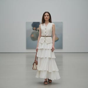 Sykas off-white tiered Tencel maxi skirt, with a flowing A-line silhouette and crinkled texture, worn by a model in a spacious art gallery.