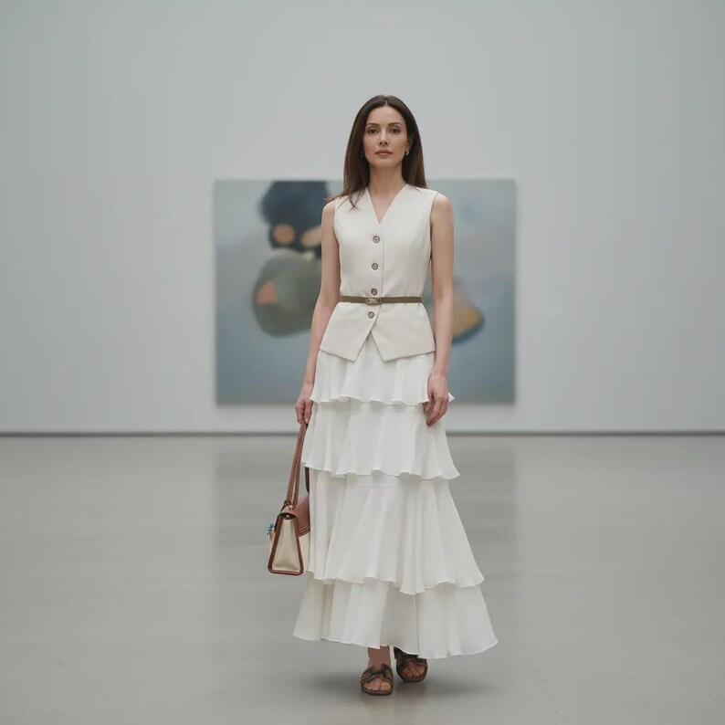 Sykas off-white tiered Tencel maxi skirt, with a flowing A-line silhouette and crinkled texture, worn by a model in a spacious art gallery.