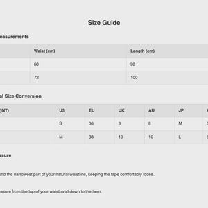 Product size chart with measurements