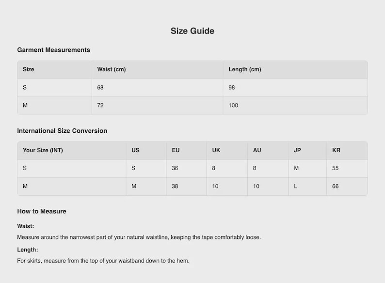 Product size chart with measurements
