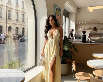 Vacation Dress, Elegant Cut Out Maxi Dress, Resort Beach Holiday Outfit, Backless Summer Sundress, Linen Look