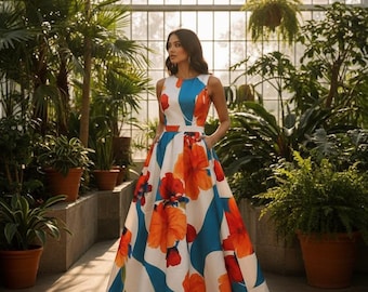Elegant Prom Dress Halter Neck, Floral Print Full Skirt Luxury Evening Gown, Formal Wedding Guest Attire, Satin Look