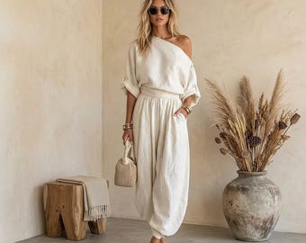 Boho One Shoulder Jumpsuit Wide Leg Harem Pants Belted Womens Outfit