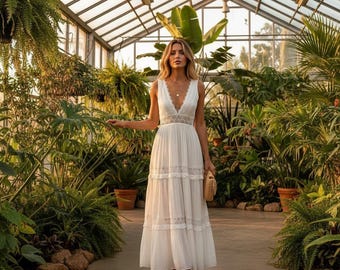 White Maxi Dress, Lace Boho Deep V, Summer Beach Holiday Dress, Sleeveless Tiered with Cotton Feel