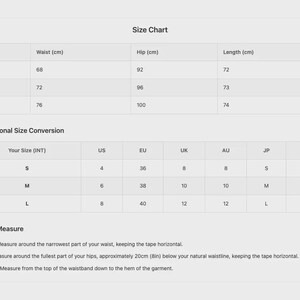 Product size chart with measurements