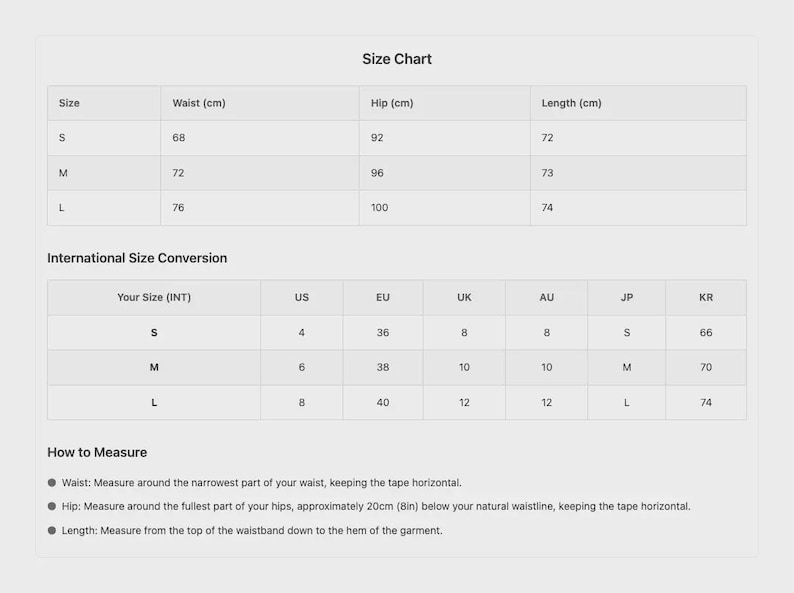 Product size chart with measurements