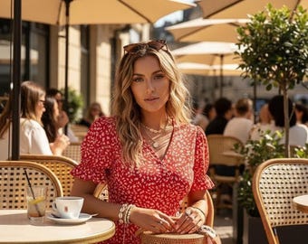 Bohemian Midi Dress, Floral Print Wrap Flutter Sleeve V-Neck Summer Garden Party Cotton Feel Sundress