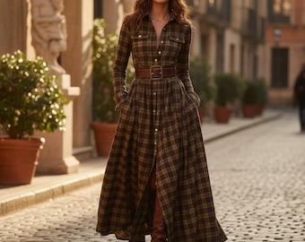 Button Down Maxi Dress Plaid | Long Sleeve Belted Cotton Blend | Vintage Style Women's Boho Long Dress