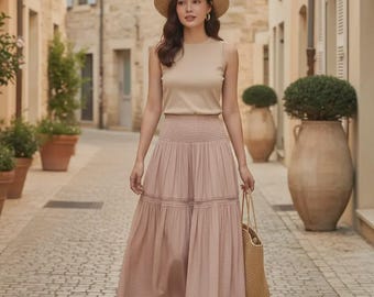 Soft Ivory Tiered Maxi Skirt, Cotton Blend Lace Trim, Boho Chic High Waist, Flowy A-Line, Summer Resort Long Skirt