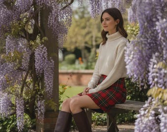 High Waisted Plaid Mini Skirt, A-Line Woven Short Skirt, Winter Autumn Style, Concealed Zipper, Classic Elegant
