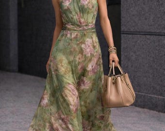 Wedding Guest Dress, Floral Maxi Halter, Elegant Summer Gown, Romantic Garden Party, Vintage Flowy Chiffon Look