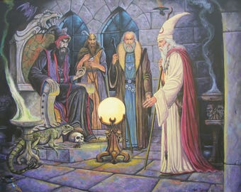 May include: A fantasy painting depicting four figures in a stone chamber. One figure sits on a throne, while another stands in white robes with a staff. A glowing orb sits on a pedestal between them, with a lizard and a skull nearby on the floor.