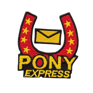 Geborduurde Pony Express-patch. Westernpatch, patch met vintage postlogo, appliqué in cowboystijl, jas rugzakhoed opstrijkbaar opnaaien cadeaupatch