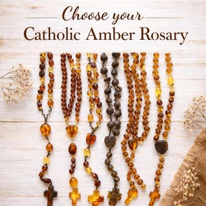 Rosario católico de ámbar, cuentas de ámbar báltico natural con cruz, hecho a mano, regalo religioso cristiano.