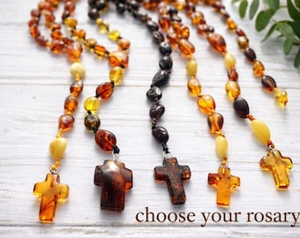 Katholischer Bernstein-Rosenkranz, natürliche baltische Bernstein-Ovalperlen mit Kreuz, handgemacht, christliches religiöses Geschenk