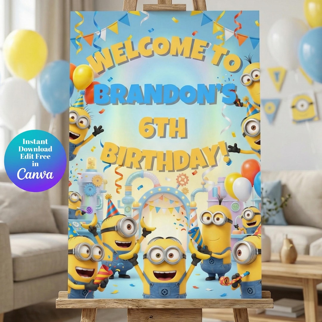 Minions Birthday Welcome Sign, Gru Minions Editable Canva Party ...