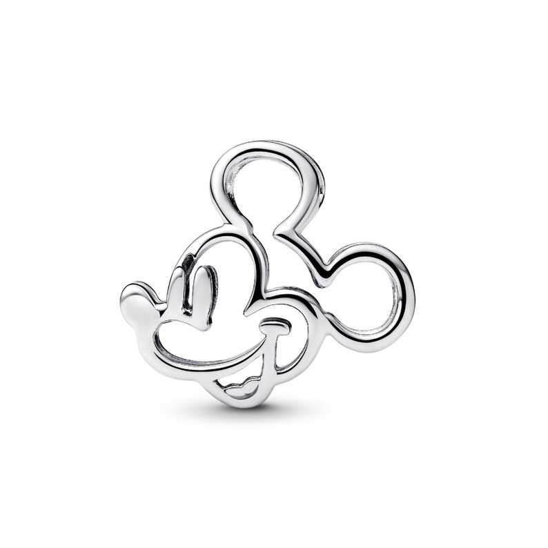 A silver-colored charm in the shape of a cartoon character, resembling Mickey Mouse.