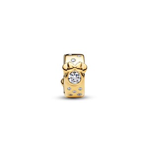 A gold-colored charm bracelet with a large central diamond and smaller diamonds scattered around it.