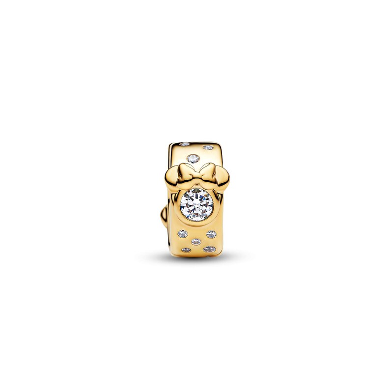 A gold-colored charm bracelet with a large central diamond and smaller diamonds scattered around it.